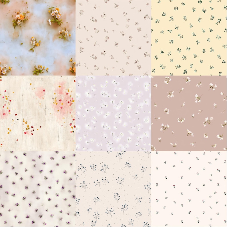 Pode incluir: Nove padr&otilde;es florais diferentes em uma grade. Os padr&otilde;es apresentam pequenas flores e folhas em v&aacute;rias cores, incluindo branco, rosa, amarelo e verde, em fundos rosa claro, bege e lavanda. Os desenhos s&atilde;o delicados e femininos.