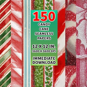 Peut inclure: Une collection de 150 papiers sans couture sur le thème des cannes en sucre, avec divers motifs. Les papiers mesurent 30,48 x 30,48 cm et ont une résolution de 3600 x 3600 DPI. L'image présente des motifs rouges, blancs et verts.
