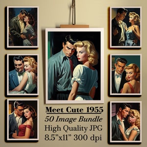 Pacote de clipart dos anos 1950, clipart de amor e noite de encontro, clipart vintage de dia dos namorados, clipart de casais românticos, pacote de clipart vintage, casal charmoso