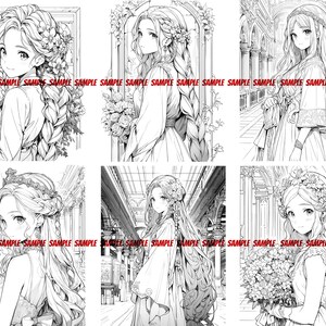 K&ouml;nnte beinhalten: Eine Schwarzwei&szlig;illustration von sechs Frauen mit langen Haaren, die Kleider und Blumenkr&auml;nze tragen. Die Frauen stehen in verschiedenen Posen und haben unterschiedliche Gesichtsausdr&uuml;cke.