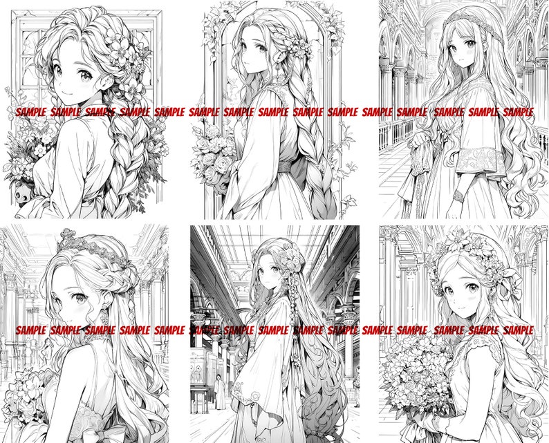 K&ouml;nnte beinhalten: Eine Schwarzwei&szlig;illustration von sechs Frauen mit langen Haaren, die Kleider und Blumenkr&auml;nze tragen. Die Frauen stehen in verschiedenen Posen und haben unterschiedliche Gesichtsausdr&uuml;cke.