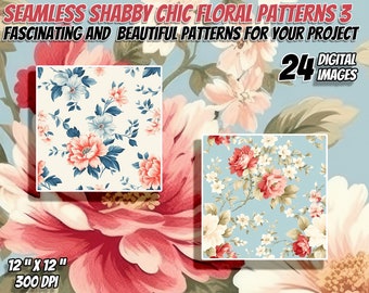 24 Vintage Shabby Chic Floral Seamless Patterns Pack 3: Digital Paper, Printable Textures, Commercial Use, Instant Download