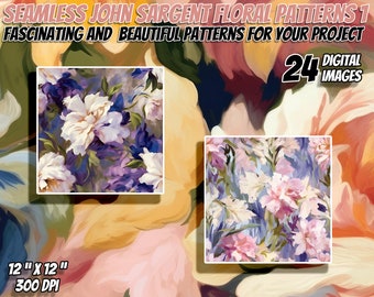 24 John Singer Sargent Inspired Floral Seamless Patterns Pack 1 : Papier numérique, Textures imprimables, Utilisation commerciale, Téléchargement instantané