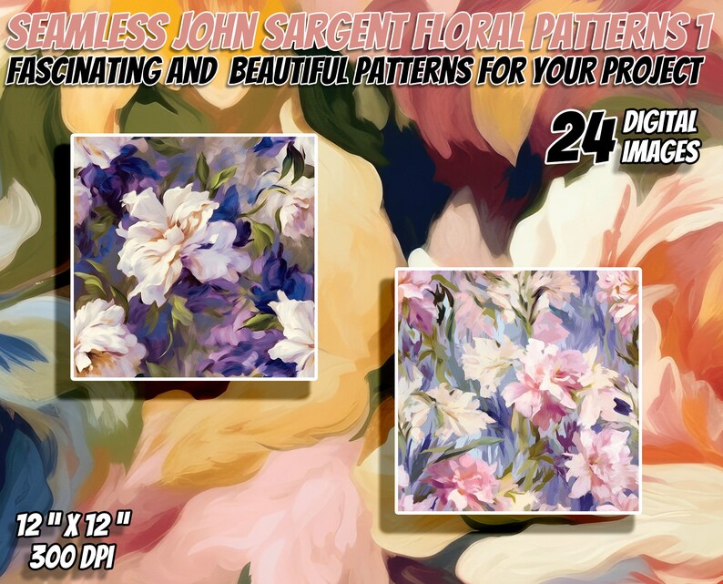 24 John Singer Sargent Inspired Floral Seamless Patterns Pack 1: Digital Paper, Printable Textures, Commercial Use, Instant Download image 1