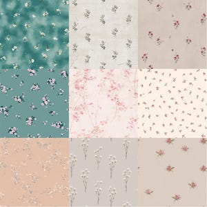 Pode incluir: Uma colagem de nove amostras de tecido com padr&otilde;es florais. A paleta de cores inclui verde-azulado, creme, rosa e bege. Os designs variam de pequenas flores espalhadas a grandes bouquets florais, oferecendo uma variedade de op&ccedil;&otilde;es t&ecirc;xteis de inspira&ccedil;&atilde;o vintage.