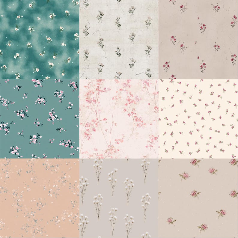 Pode incluir: Uma colagem de nove amostras de tecido com padr&otilde;es florais. A paleta de cores inclui verde-azulado, creme, rosa e bege. Os designs variam de pequenas flores espalhadas a grandes bouquets florais, oferecendo uma variedade de op&ccedil;&otilde;es t&ecirc;xteis de inspira&ccedil;&atilde;o vintage.