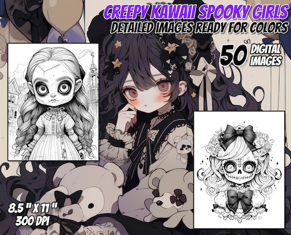 Kawaii Spooky Anime Coloring Pages - Digital Download Set of 50