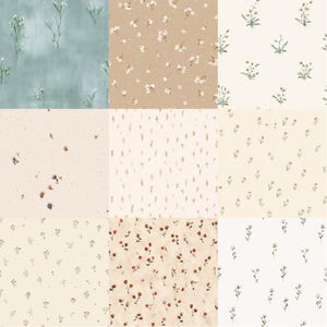 Pode incluir: Nove padr&otilde;es florais diferentes numa grelha. Os padr&otilde;es apresentam pequenas flores em v&aacute;rias cores, incluindo branco, vermelho e amarelo, sobre fundos azuis, bege e creme. Os desenhos s&atilde;o delicados e evocam uma est&eacute;tica vintage.