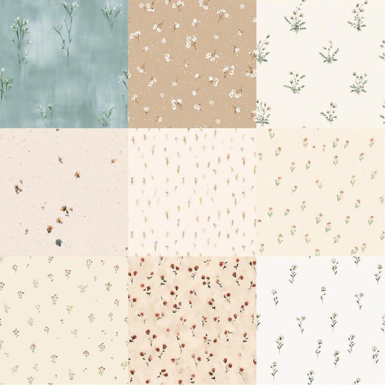 Pode incluir: Nove padr&otilde;es florais diferentes numa grelha. Os padr&otilde;es apresentam pequenas flores em v&aacute;rias cores, incluindo branco, vermelho e amarelo, sobre fundos azuis, bege e creme. Os desenhos s&atilde;o delicados e evocam uma est&eacute;tica vintage.