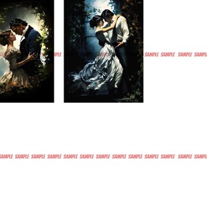 May include: A couple in a romantic embrace, standing in a garden setting. The woman is wearing a white dress and the man is wearing a dark suit. The background is a lush garden with trees and flowers.