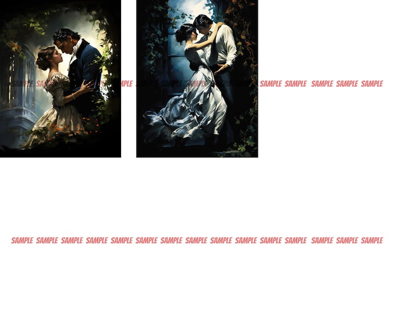 May include: A couple in a romantic embrace, standing in a garden setting. The woman is wearing a white dress and the man is wearing a dark suit. The background is a lush garden with trees and flowers.