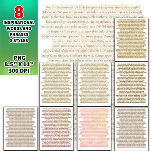 8 digitale inspirerende png-woorden, versieringen voor junkjournals, afdrukbare junkjournaling-woorden, collage-ephemera, vintage woordencitaten