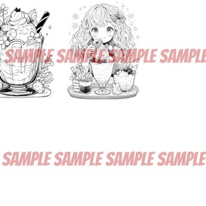 Pode incluir: Uma ilustra&ccedil;&atilde;o em preto e branco de uma menina com cabelo comprido e encaracolado comendo um sundae com uma cereja no topo. Ela est&aacute; sentada &agrave; mesa com outros dois sundaes. Um sundae tem um morango no topo e o outro tem um mirtilo.