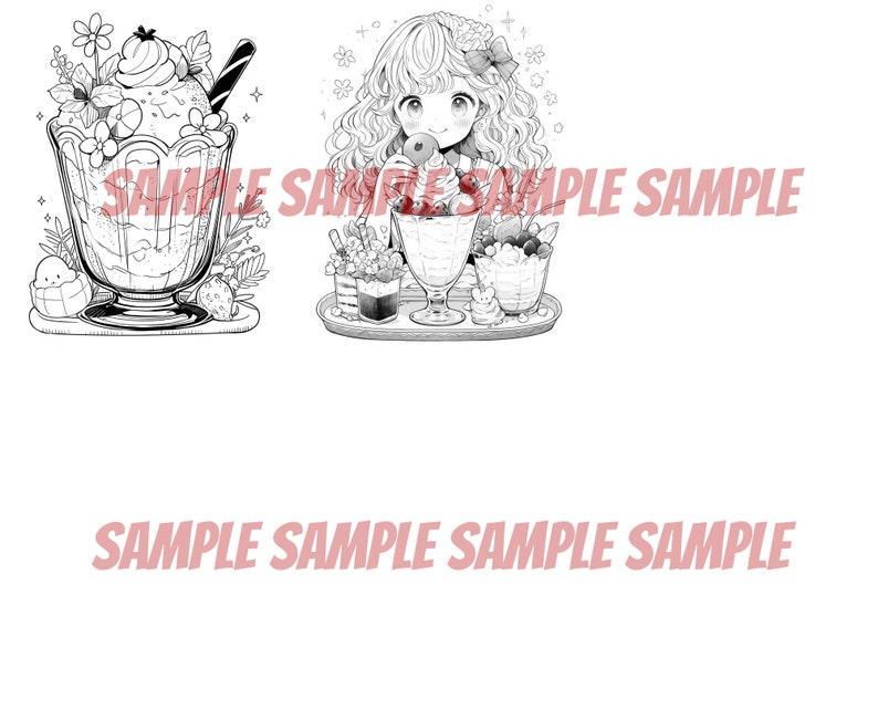 Pode incluir: Uma ilustra&ccedil;&atilde;o em preto e branco de uma menina com cabelo comprido e encaracolado comendo um sundae com uma cereja no topo. Ela est&aacute; sentada &agrave; mesa com outros dois sundaes. Um sundae tem um morango no topo e o outro tem um mirtilo.