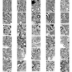 May include: A collection of 36 black and white illustrations featuring abstract geometric patterns, swirls, and circles. The illustrations are arranged in a grid.