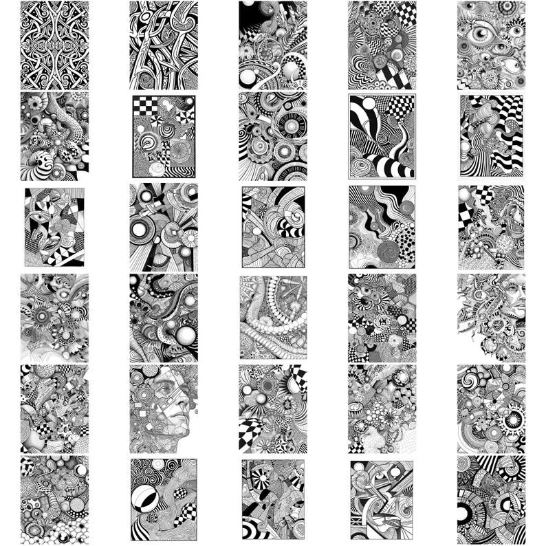 May include: A collection of 36 black and white illustrations featuring abstract geometric patterns, swirls, and circles. The illustrations are arranged in a grid.