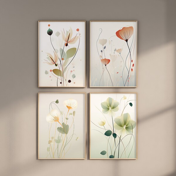 Boho Beige Amber Green Flowers Bundle Poster Set, Organic Forms, Flower Posters Prints, Organic shapes and lines