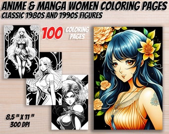 May include: A set of 100 colouring pages featuring anime and manga women from the 1980s and 1990s. The pages are 8.5 inches by 11 inches and have a resolution of 300 DPI.
