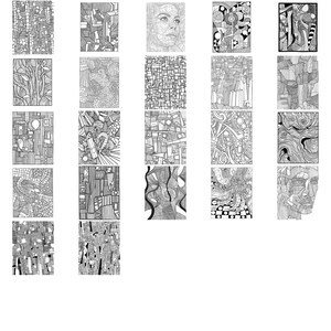 May include: A collection of 25 black and white abstract line drawings. The drawings are all different and feature a variety of geometric shapes, patterns, and textures.