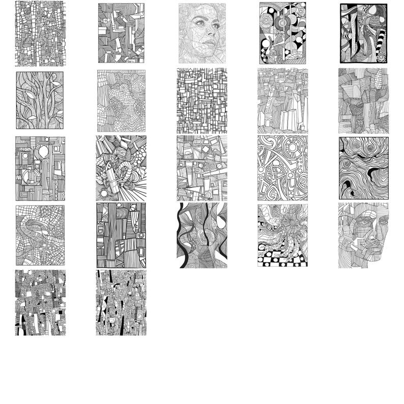 May include: A collection of 25 black and white abstract line drawings. The drawings are all different and feature a variety of geometric shapes, patterns, and textures.
