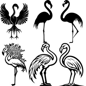May include: A set of six black and white silhouette illustrations of flamingos. The flamingos are in various poses, including standing, flying, and with a floral crown.