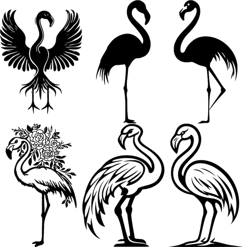 May include: A set of six black and white silhouette illustrations of flamingos. The flamingos are in various poses, including standing, flying, and with a floral crown.