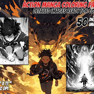 Action Manga Coloring Pages, Action Anime Coloring Pages, Adult Coloring, Manga Coloring, Instant Download, Printable