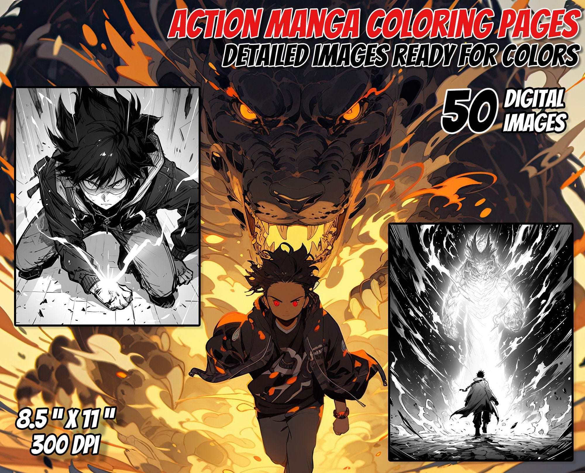 Action Manga Coloring Pages: 50 Anime Illustrations (Printable Digital Download)