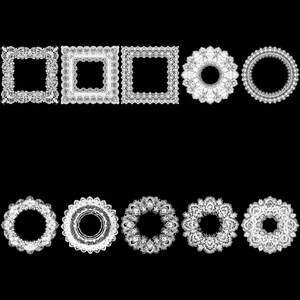 Puede incluir: Una colecci&oacute;n de marcos y dise&ntilde;os circulares de encaje blanco sobre un fondo negro. Los marcos son cuadrados con intrincados patrones de encaje. Los dise&ntilde;os circulares var&iacute;an en detalle, ofreciendo una gama de opciones decorativas.