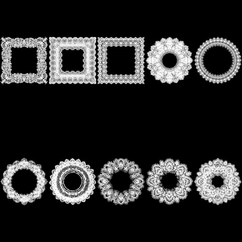 Puede incluir: Una colecci&oacute;n de marcos y dise&ntilde;os circulares de encaje blanco sobre un fondo negro. Los marcos son cuadrados con intrincados patrones de encaje. Los dise&ntilde;os circulares var&iacute;an en detalle, ofreciendo una gama de opciones decorativas.