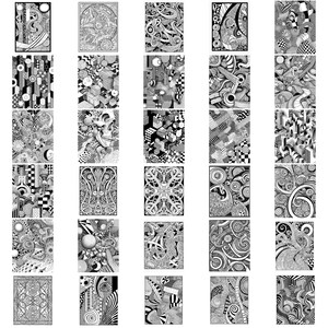 May include: A collection of 36 black and white digital illustrations featuring intricate patterns and designs. The illustrations are arranged in a grid format, with each illustration occupying a square space.
