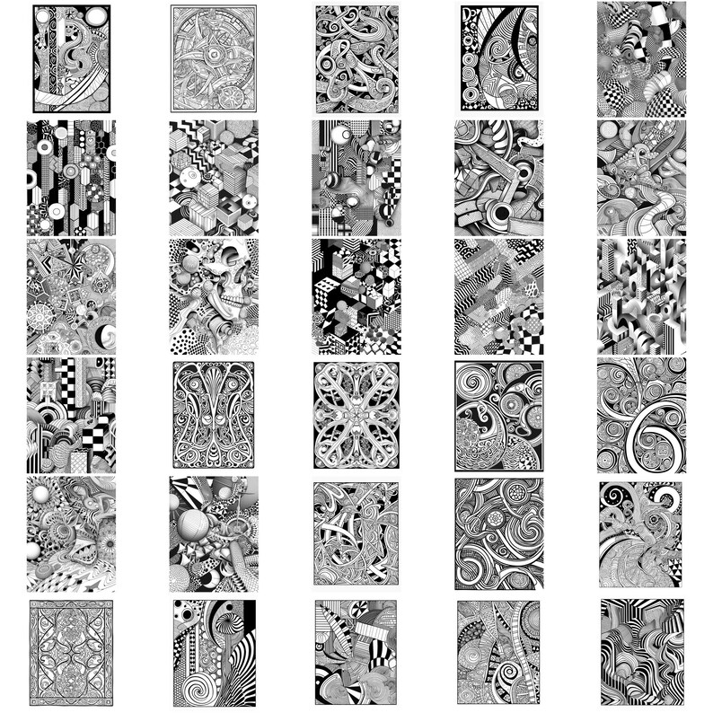 May include: A collection of 36 black and white digital illustrations featuring intricate patterns and designs. The illustrations are arranged in a grid format, with each illustration occupying a square space.