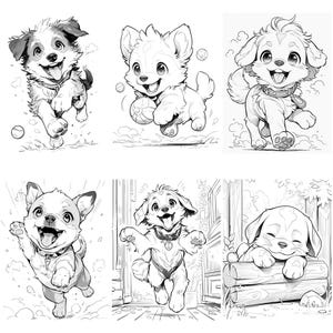 May include: Black and white line art illustrations of six different cute cartoon dogs in various poses. Some dogs are running, playing with a ball, or relaxing.