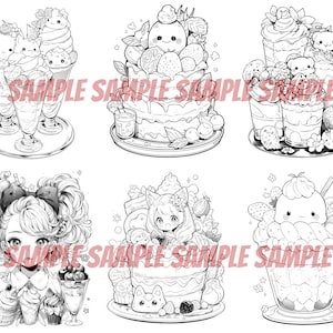 Pode incluir: Uma ilustra&ccedil;&atilde;o em preto e branco de seis sobremesas diferentes. As sobremesas incluem um bolo, um sundae e um parfait. Cada sobremesa &eacute; decorada com frutas, flores e outros elementos decorativos.