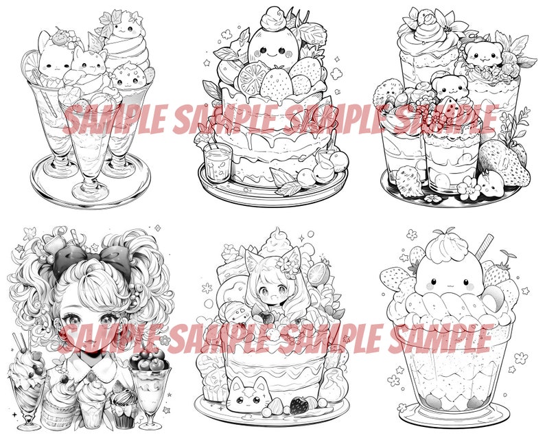 Pode incluir: Uma ilustra&ccedil;&atilde;o em preto e branco de seis sobremesas diferentes. As sobremesas incluem um bolo, um sundae e um parfait. Cada sobremesa &eacute; decorada com frutas, flores e outros elementos decorativos.