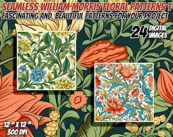 24 William Morris Inspired Floral Seamless Patterns Pack 1: Digital Paper, Printable Textures, Commercial Use, Instant Download