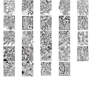 May include: A collection of 25 black and white digital illustrations featuring abstract patterns and designs. The illustrations are arranged in a grid of five rows and five columns.