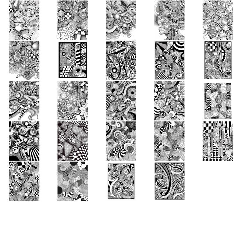 May include: A collection of 25 black and white digital illustrations featuring abstract patterns and designs. The illustrations are arranged in a grid of five rows and five columns.