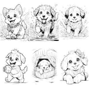 May include: Black and white line art illustrations of six different dogs in various poses. The dogs are all cartoonish and have large eyes and expressive faces.