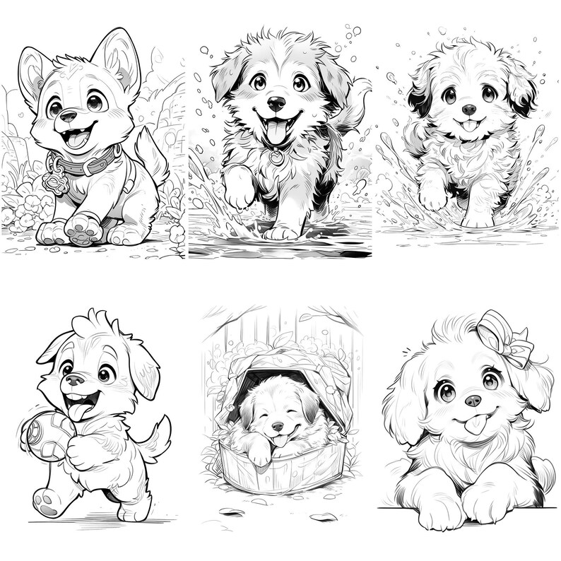 May include: Black and white line art illustrations of six different dogs in various poses. The dogs are all cartoonish and have large eyes and expressive faces.