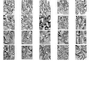May include: A collection of 20 black and white digital illustrations featuring abstract patterns and designs. The illustrations are arranged in a grid of 5 rows and 4 columns.