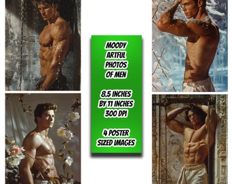 Four Moody Male Photographs, Male Four Digital Paintings, Gay art, Male painting, Male Portrait, Male study, Poster, 24 by 36 inches