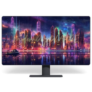 Skyline at night, neon lights, digital art, download