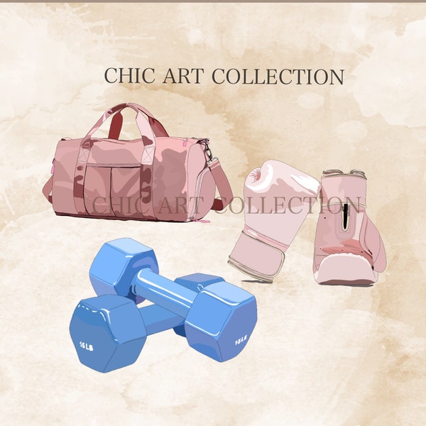 Gym Bag for Woman Clipart, Boxing Gloves png, Boxing Clipart, Dumbbell Clipart, Gym Accessories Clipart, Fitness Clipart, Workout Clipart