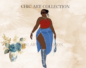 Clipart de chica con curvas, clipart de mujer negra, clipart de mujer afroamericana, png de mujer negra, clipart de chica de moda, clipart de chica negra