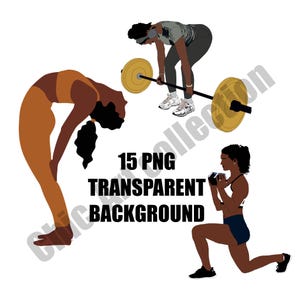 15 個のフィットネス黒人女性 PNG、フィットネス グラフィック、ジム ワークアウト PNG、スポーツ クリップアート、黒人女性 PNG、アフリカ人女性 PNG、黒人女性アートのバンドル