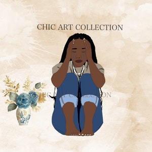 Clipart de niña triste, mujer negra triste, clipart de niña preocupada, clipart de mujer negra, mujer negra png, clipart de niña afro, sin fondo