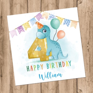 4th Birthday Boy Dinosaur Card Cute Colourful Little Dinosaur Holding Number 4, Personalised Name Age 4 Birthday Card (C23)