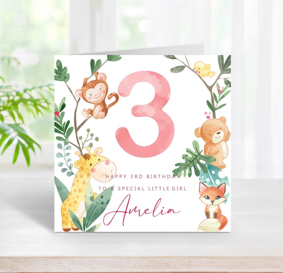 3rd Birthday Card Cute Cuddly Animals, Personalised Pink Girl Age Card,  For Three Year Old Daughter Sister Niece and Other Relations (C75)