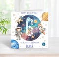 6th Birthday Space Astronaut Card, Personalised Name Relation Age 6 Boy, Six Year Old Male Planets Rockets Comets Stars Galaxy Design C195
